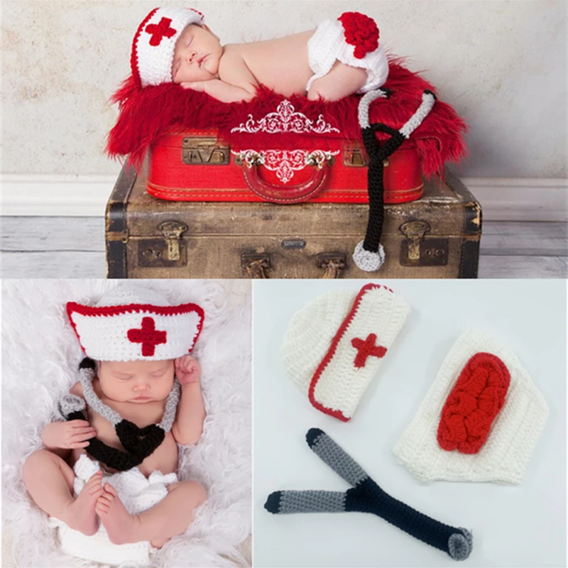 Dvotinst Newborn Baby Photography Props Cute Knitted Doctor Nurse Set Stethoscope Hat Shorts Fotografia Studio Shoot Photo Props