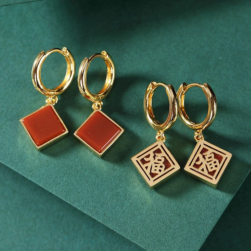 

Оригинальные Старинные золотые серьги из Южного Красного турмалина квадратные серьги в китайском стиле Классические очаровательные женск...