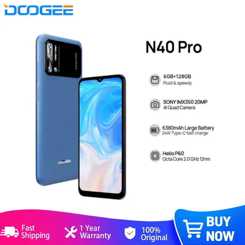 

DOOGEE N40 Pro Smartphone 6.5 Inch 20MP Quad Camera Helio P60 6GB+128GB Cellphone 6380mAh Battery 24W Fast Charging