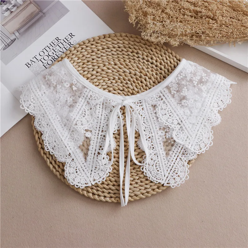

Sitonjwly Women Shawl Doll Fake Collar Hollow Embroidery Shirt White Tie Detachable False Collar Lapel Blouse Women Accessories