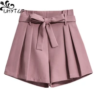 uhytgf 2022 new korean summer shorts womens belt with bow casual loose hot pants female fashion pleated wide leg shorts 4xl 45