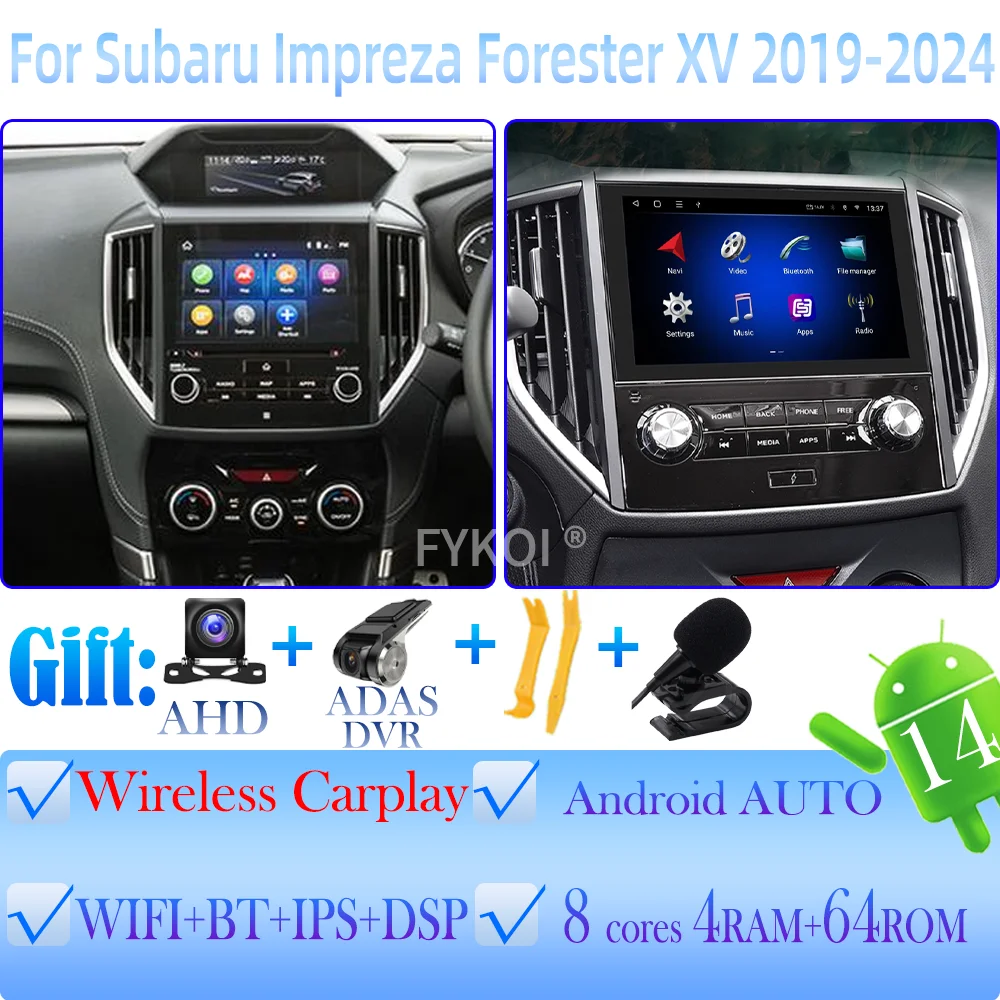 

С портом зарядки Type-C Android 15, для Subaru Impreza Forester XV 2019-2024, автомобильный радиоприемник, мультимедийный плеер, головное устройство 4G CarPlay
