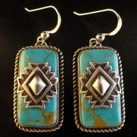 ethnic square blue stone dangle earrings vintage jewelry ancient silver color carved pattern metal hook earring pendientes