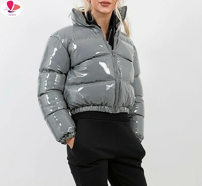 

Autumn Winter Women Bright PU Puffer Jackets Warm Bubble Coat Down Parka Outcoat Zipper Jacket Pink Cute Cropped Parka XXL