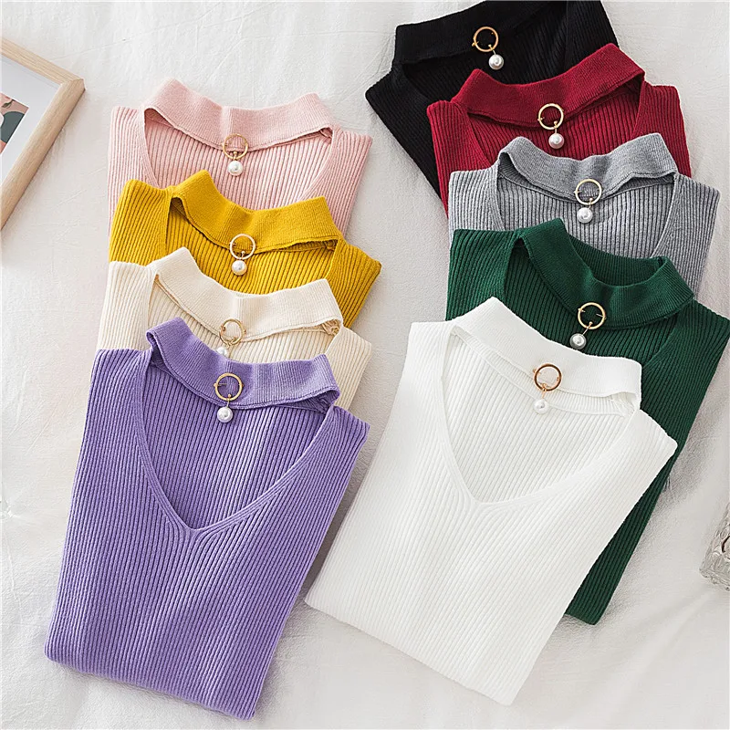 

Multi Colors Solid Sweater Women Halter Pearl Slim Long Sleeve Tops Pullover Knitwear Winter Women's Sweaters 2022 New 0923