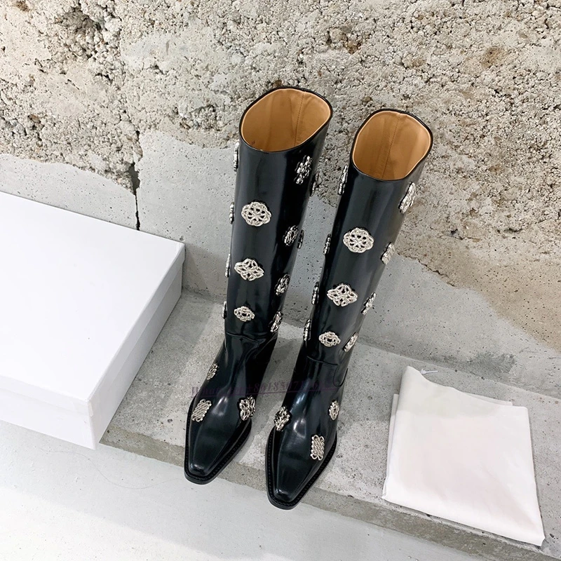 Black Metal Decorative Low Heel Boots Chunky Heel Rider Boots Women's New All-match Long Boots