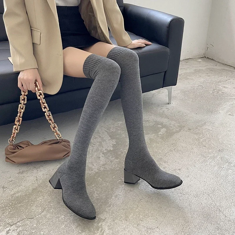 

Thigh High Boots Shoes Sock Women's Over-the-knee Elegant Woman Sexy Tights Chunky Heels 2022 Autumn Winter Knitting Long boot