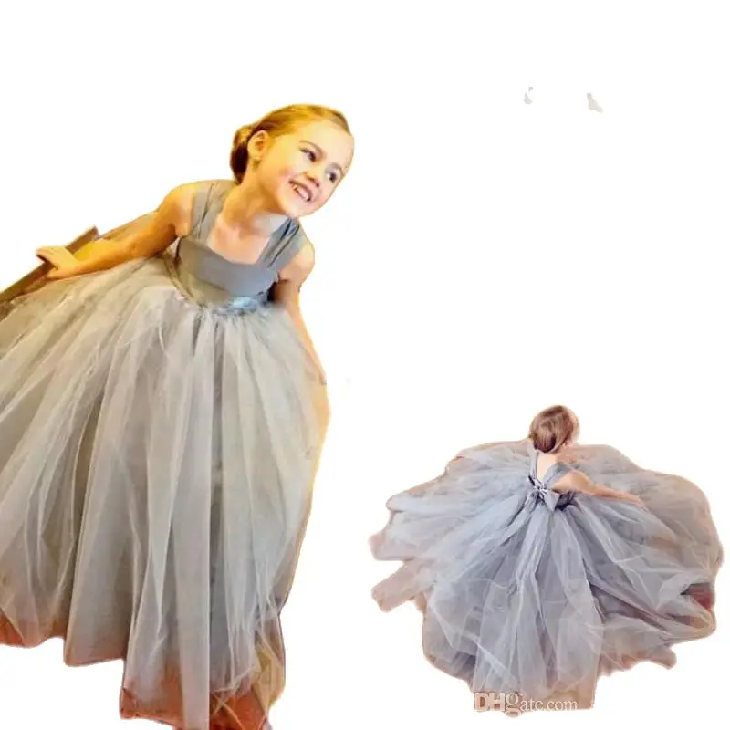 Светильник-серое бальное платье из тюля платья для девочек с шифоновыми лямками