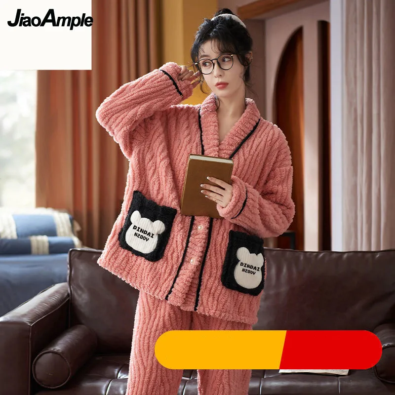 Coral Velvet Pajamas Women's Winter Warm Cardigan Sleepwear Set Korean Loose Long Sleeve Cute Pijamas Homewear Two Piece Set