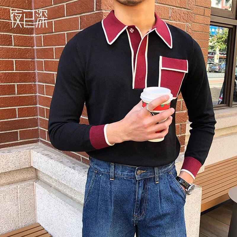 

ICCLEK 2021 Fall New Men's Long Sleeve Polo Shirt Stitching Casual Men's Polo Shirt Fashion Men's Top Polo T Shirt for Men