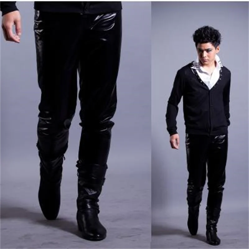 Black Singer costumes PU faux leather pants for the mens 1 pants man stage trousers splice mens pants Provide custom
