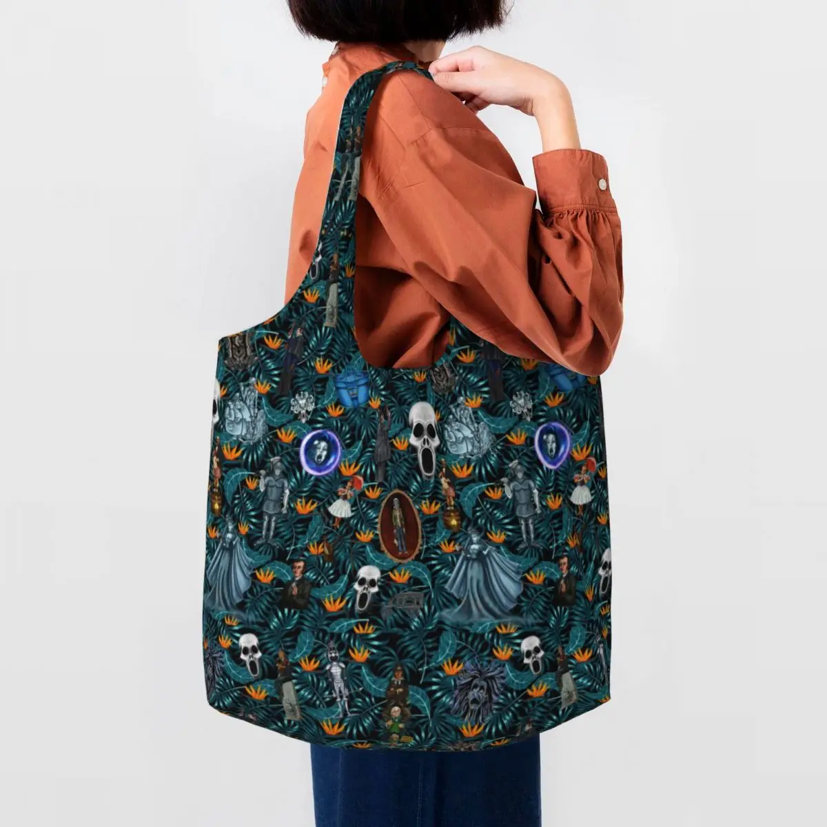 Сумки-тоуты для покупок из холщовой ткани с призраками и черепами, большие вместительные