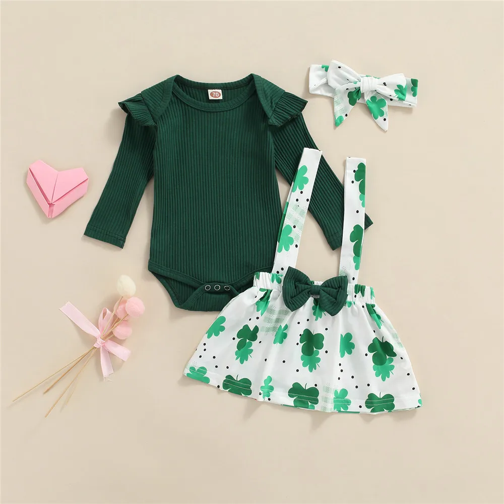 

Baby Girl St. Patrick's Day Clothes Set Green Knit Bodysuit Romper Clover Skirt Headband 0-18M Newborn Toddler Festival Outfits