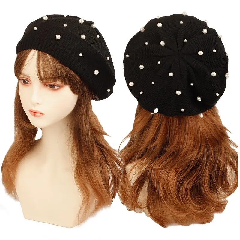 

Women's Fashion Pearl Beret Hat Casual Thin Acrylic Berets For Ladies Plain French Artist Beanie Knit Beret Hats For Female