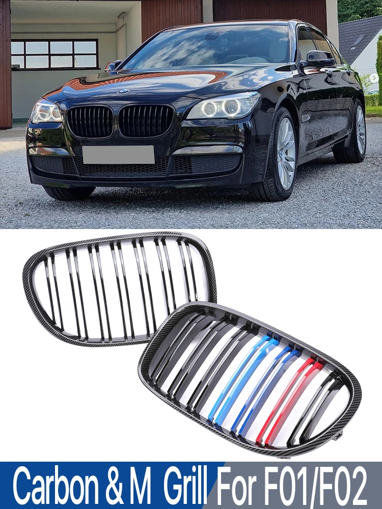 

Front Lower Upper Kidney Bumper Grills Double Slat Carbon Fiber M Color Inside Grille Mesh for BMW 7 Series F01 F02 2008-2015