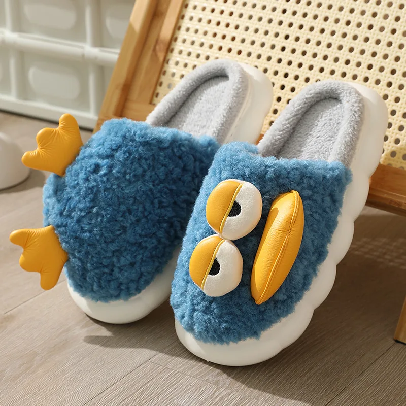 Cartoon flat pressed cotton slippers for women to keep warm in autumn and winter;lovers indoor slippers at home