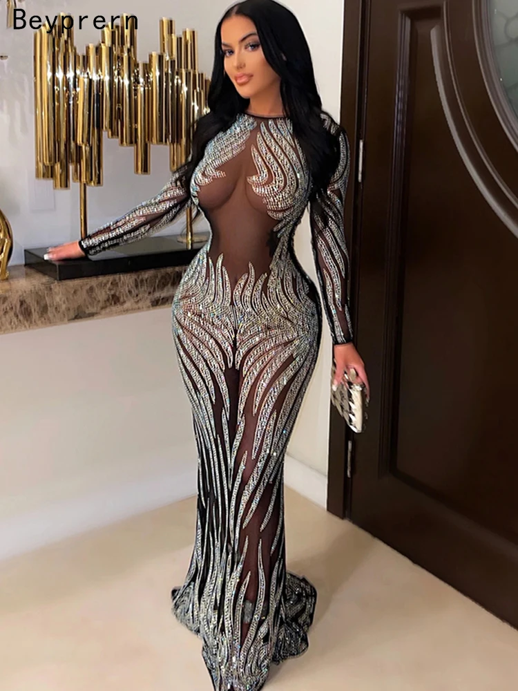 

Beyprern Beautiful Sheer Mesh Crystal Gown (Black/Silver) Glam Womens Rhinestones Sequins Birthday Dresses Celebrities Outfits