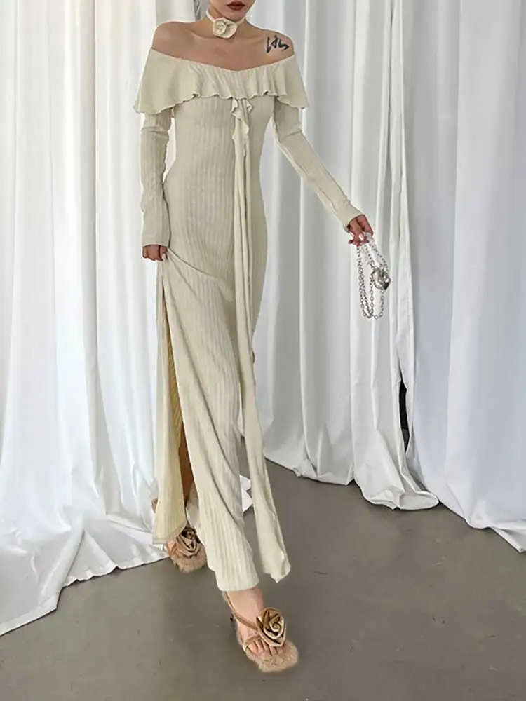 Женское трикотажное платье макси REDDACHiC с открытыми плечами и длинными рукавами