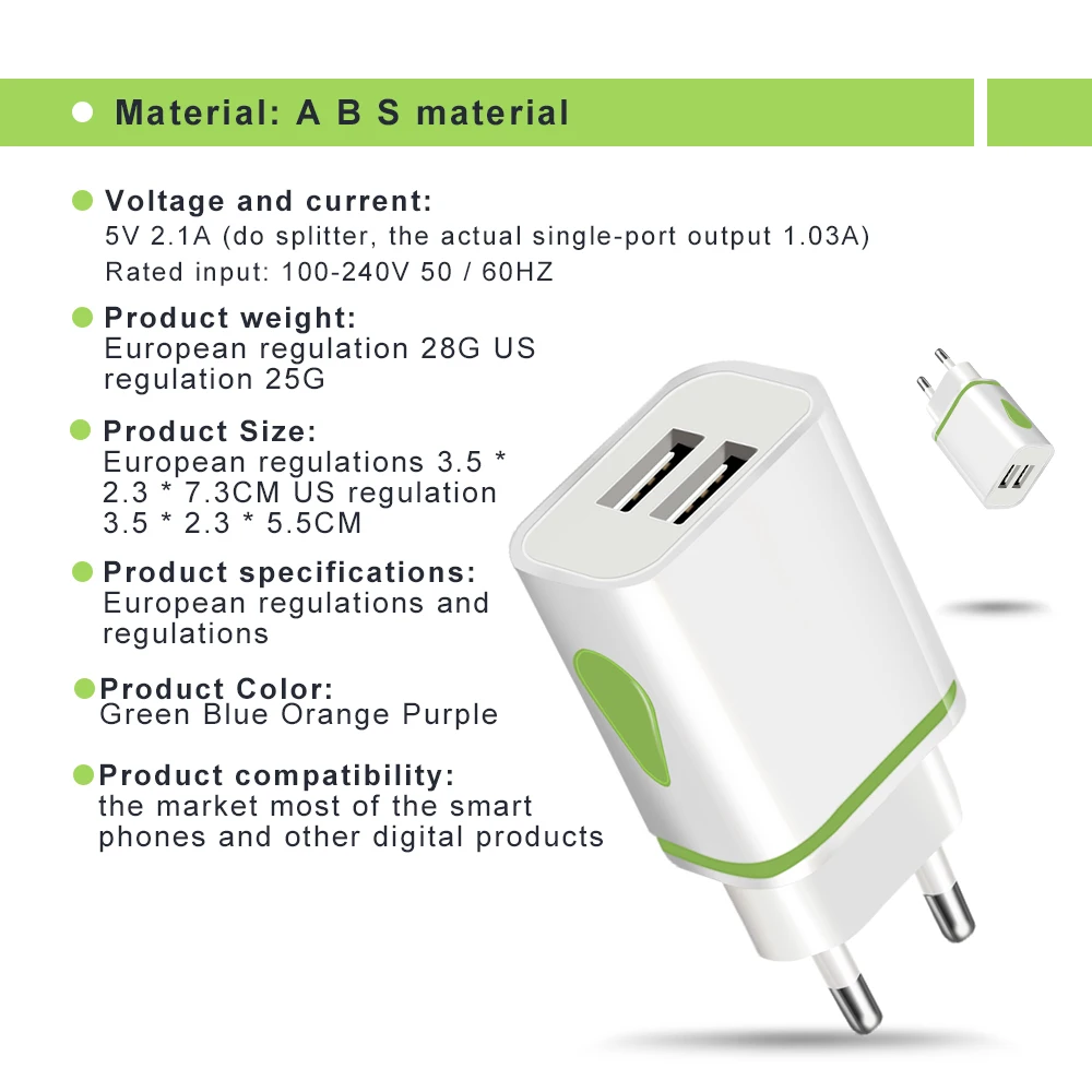 USB Charger Dual 2 port EU 5V 2A Travel Wall Adapter LED Light Mobile Phone usb charger For iPhone 11 Pro Max Samsung Huawei LG