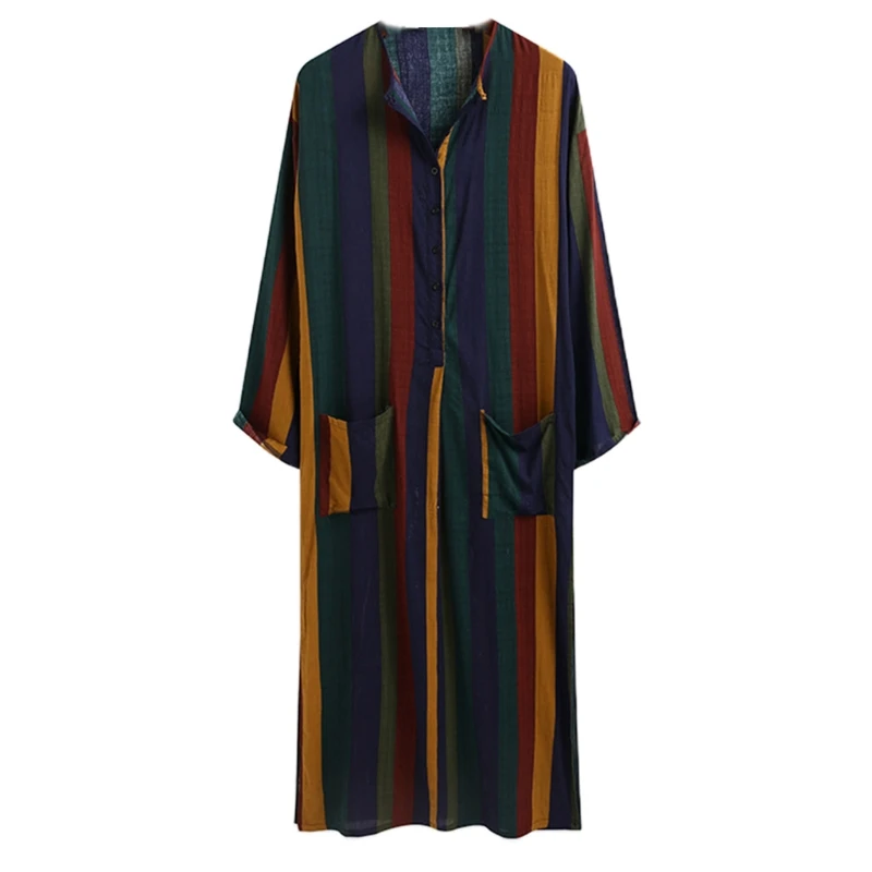 O Neck Muslim Arabic Islamic Clothing Striped Robe for Men Breathable Clothing