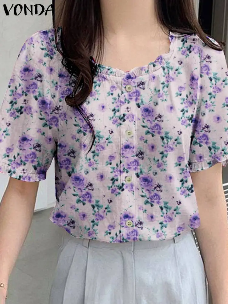 VONDA Женская Цветочная блузка 2024 Модные топы Летняя богемная туника с принтом