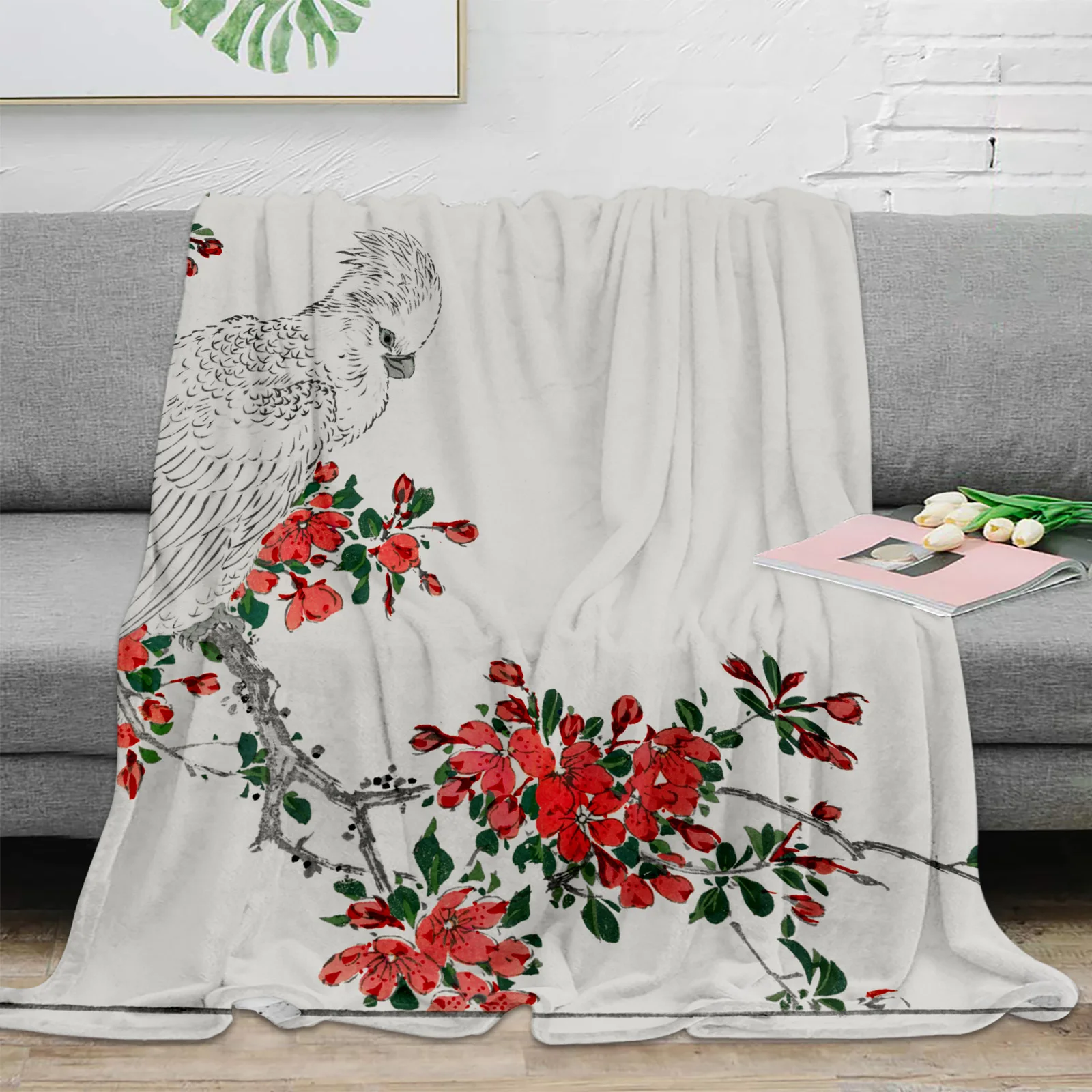 

Parrot On Cherry Tree Branch Throw Blanket For Sofa Bed Bedroom Bedspread Soft Microfiber Flannel Throw Blanket For Kids Gifts