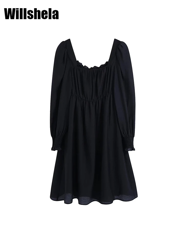 

Willshela женское модное однотонное Плиссированное мини-платье в винтажном стиле с длинным пышным рукавом и квадратным воротником, женские шик...