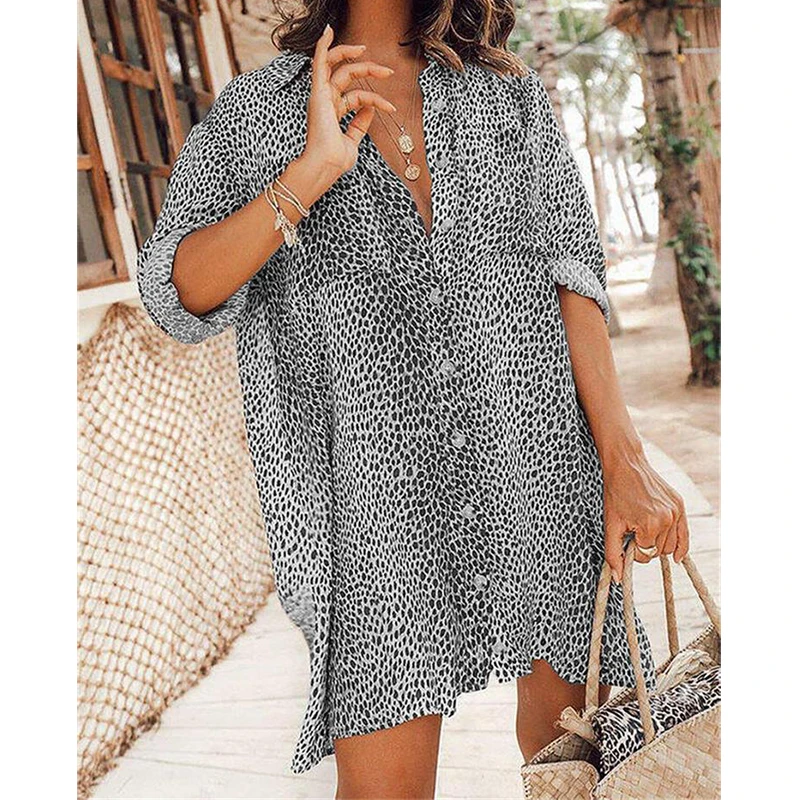 

BKLD Shirt Dress For Women 2022 Turn Down Neck Single Breasted Lapel Neck High Waist Loose Leopard Print Long Sleeve Mini Skirts