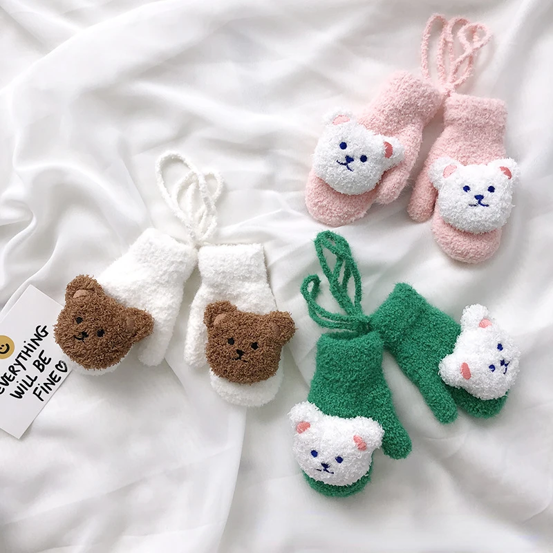 

1-4Y Cartoon Bear Baby Mittens Winter Warm Kids Baby Girl Gloves Knitted Children Toddler Thick Teething Mitten Handschoen