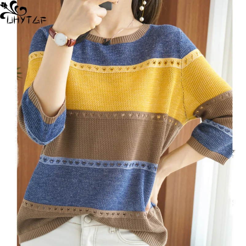 

UHYTGF Pullover Knitwear Women's Spring Autumn Korean Loose Hollow T-Shirt Color Contrast Seven-Point Sleeve Thin Female Sweater