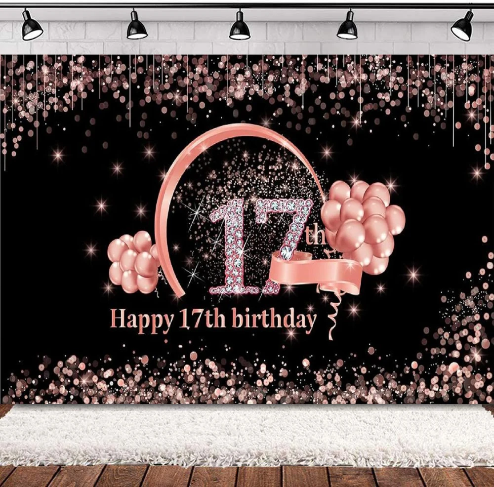 

Фон для фотосъемки для девочек с изображением розового золота и знаков для празднования 17 и 17 лет