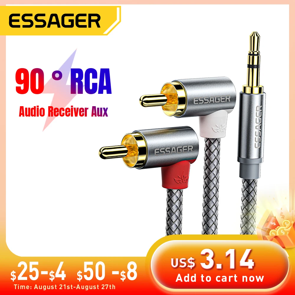 Кабель Essager 90 ° с RCA разъемом 3,5 мм на 2RCA AUX, стереокабель для ТВ, ПК, усилителя, DVD, наушников, динамиков, кабель
