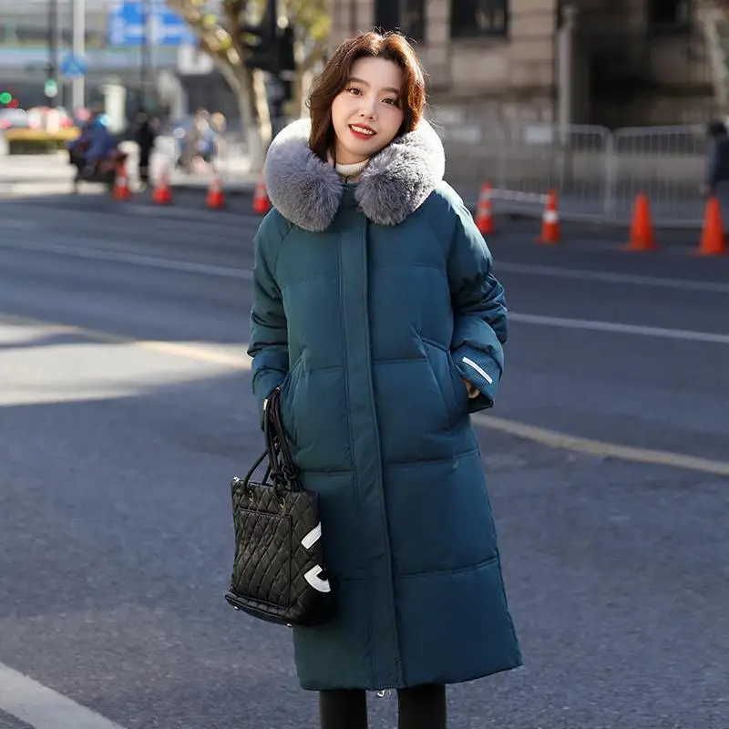 2022 Winter New Women Over-the-knee Long Hooded Down Jacket Design Sense Large Fur Collar Plus Velvet Warm White Duck Down Coats