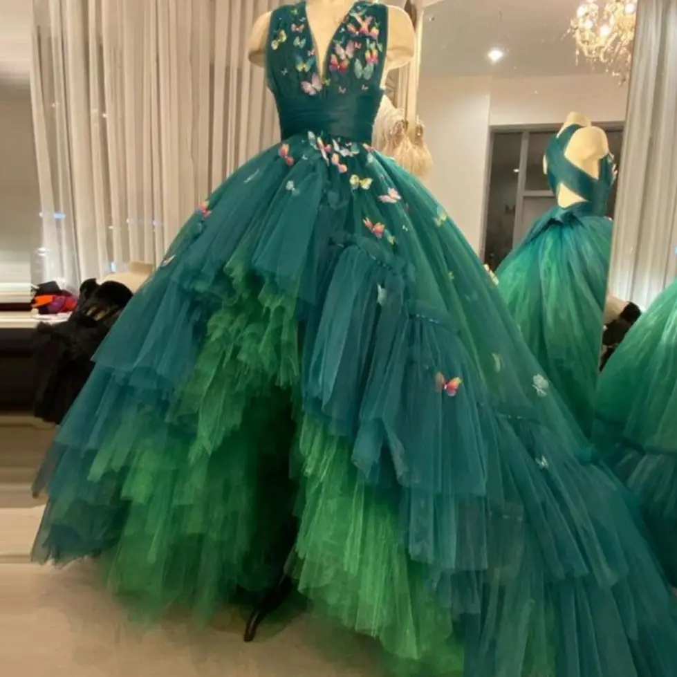 Купи Green Tulle Ball Gown Layered Evening Dress Floor Length High Low Dress With Butterfly Cross Prom Dress Floor Length Dress за 8,485 рублей в магазине AliExpress
