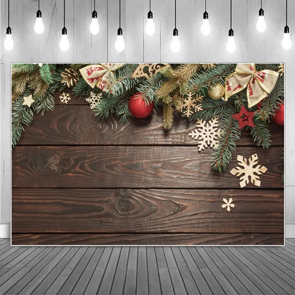 

Pine Cone Balls Snowflakes Wooden Boards Planks Christmas Photography Backgrounds Custom Baby Party Decoration Photo Backdrops