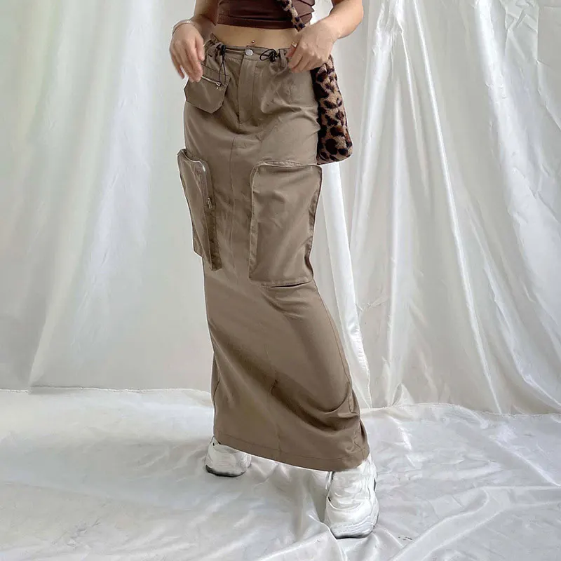 

Vintage Y2k Brown Drawstring Long Cargo Skirts Women Harajuku Low Waist Multi Pockets Slit Baggy Maxi Straight Skirt Streetwear