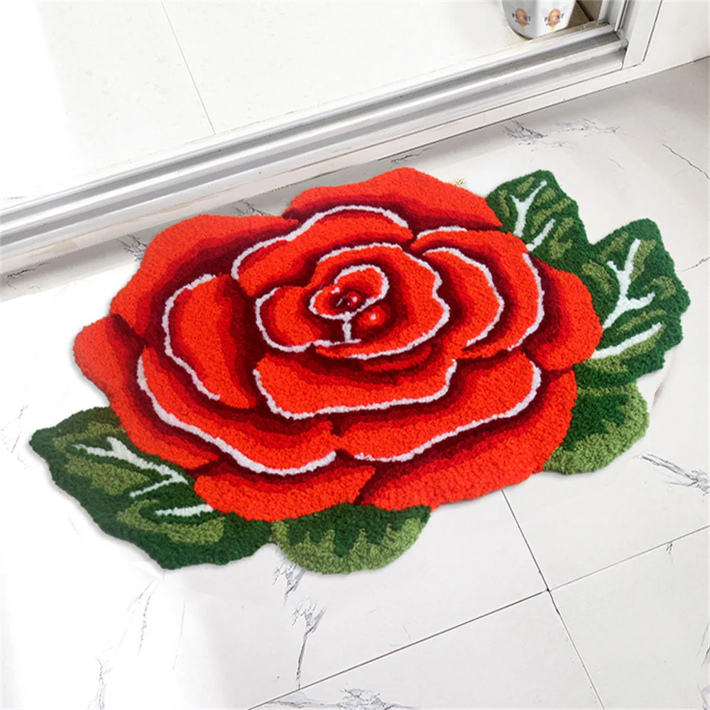 

3d Red Rose Rug for Kitchen Bathroom Bedroom Living Room - Handwoven Round Flower Floor Mat Modern Area Rugs Runner