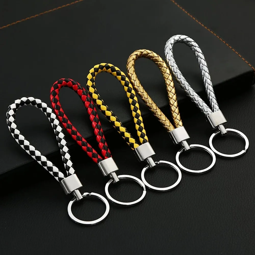 

Colorful Pu Leather Braided Woven Rope Keychains Double Rings Fit Diy Bag Pendant Key Chain Car Keyrings Men Women Small Gift