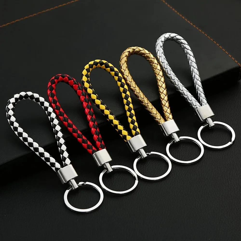 Colorful Pu Leather Braided Woven Rope Keychains Double Rings Fit Diy Bag Pendant Key Chain Car Keyrings Men Women Small Gift