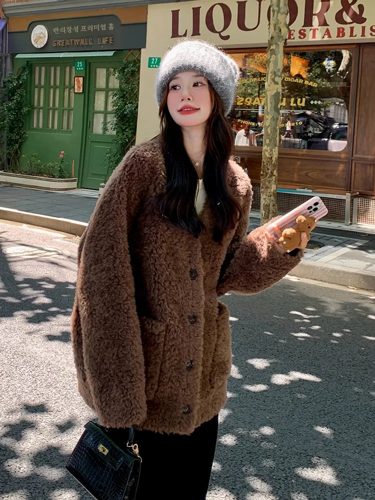 Корейская серия супер красивая верхняя одежда из коричневой овечьей шерсти