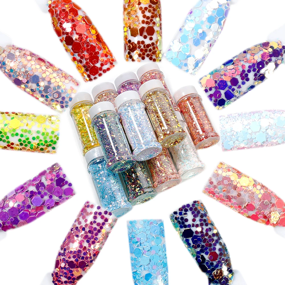 

3.5OZ Iridescent Nail Sparkly Sequins 100g/Bottle Mix Hexagon Piece Nail Decoration 12Color Glitter Shaker Holographic Sequin#F