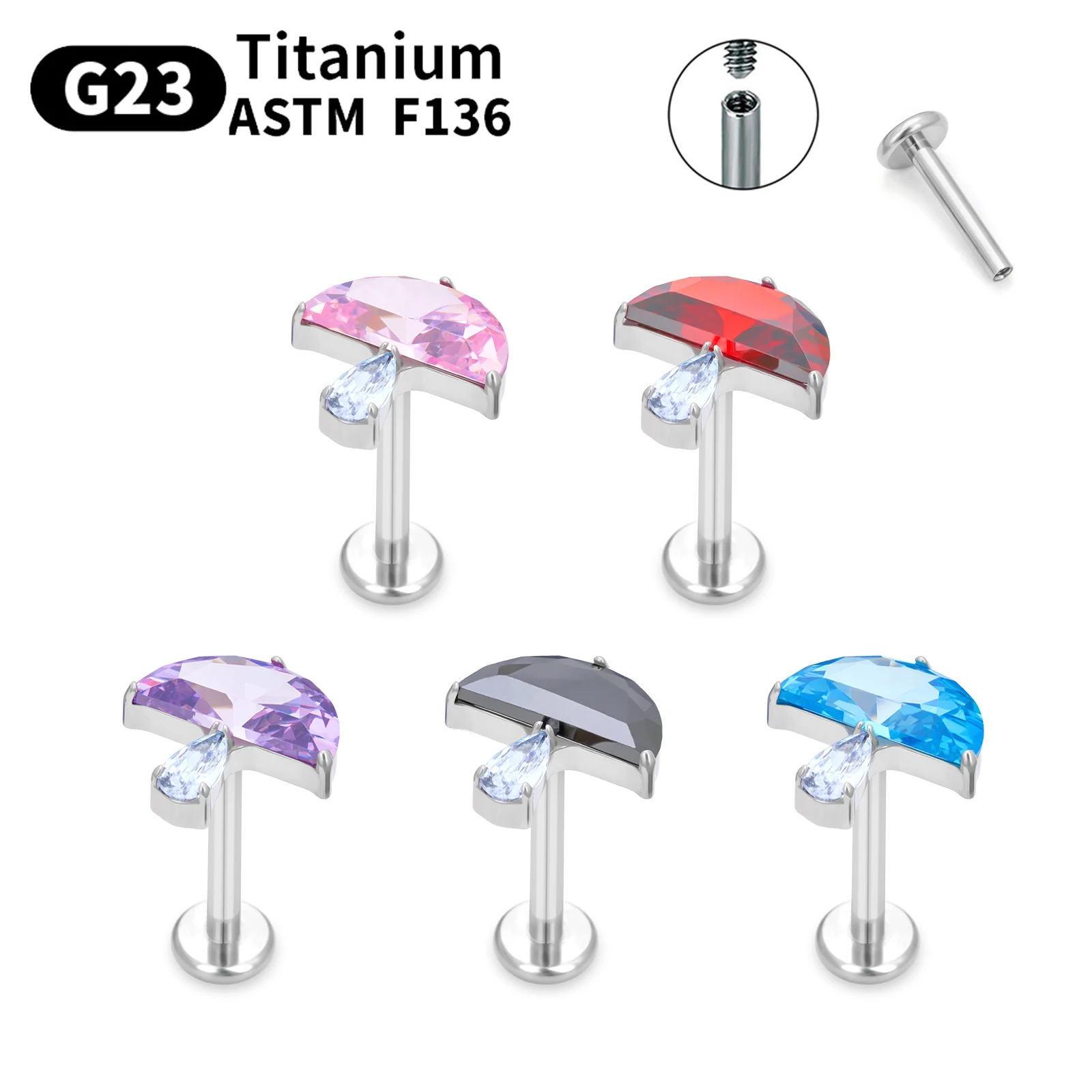 

16G G23 Titanium Stud Earrings For Women Piercing Lip Stud Nose Stud Jewelry Zircon Mushroom Ear Bone Stud