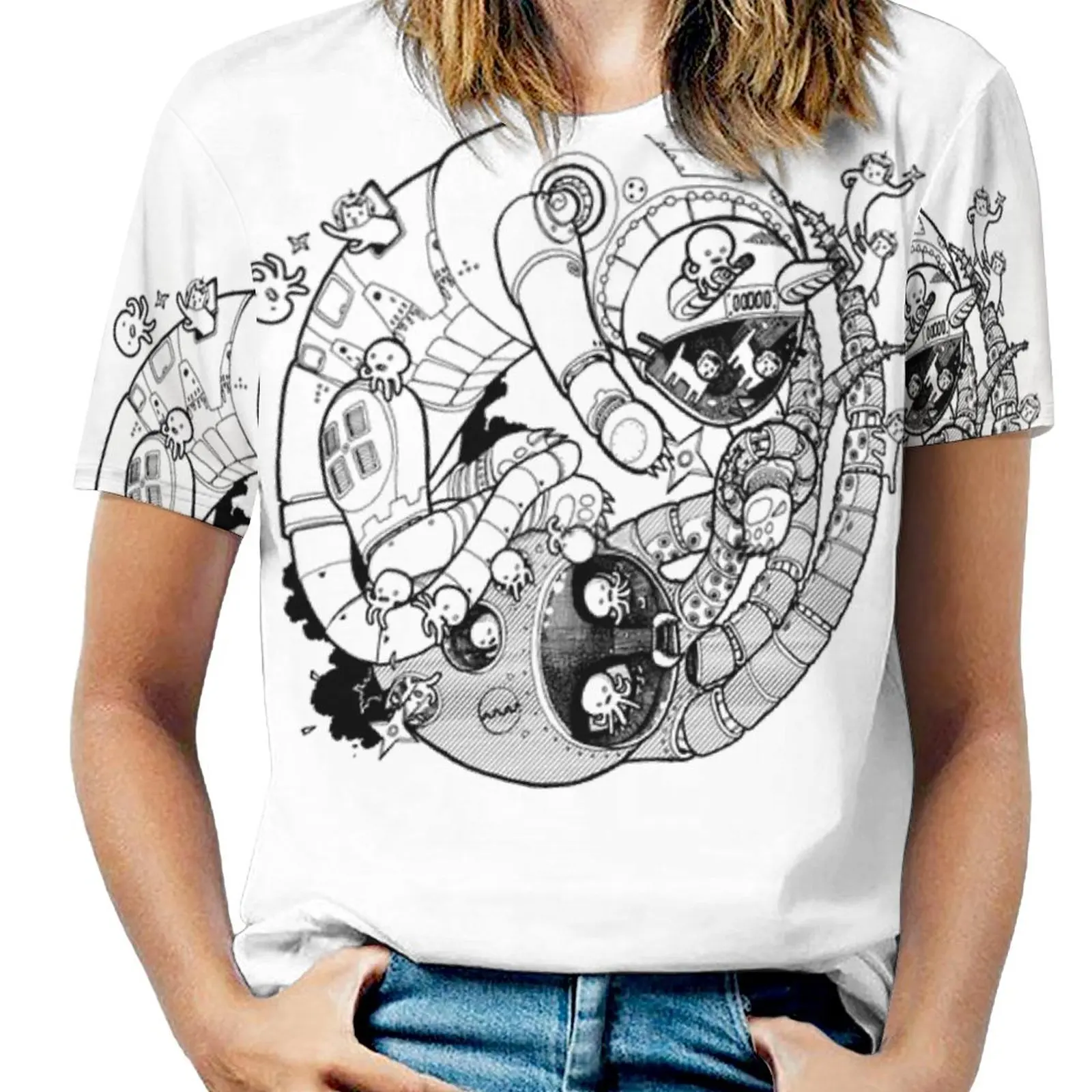 Борьба робо Инь-Ян! Женская футболка с коротким рукавом круглым вырезом и принтом