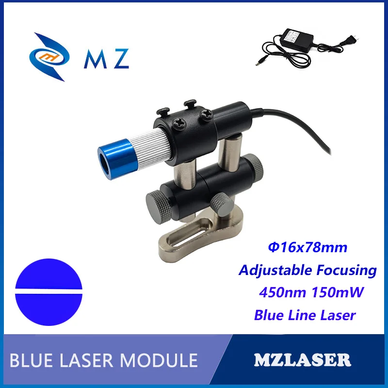 Adjustable Focusing D16mm 450nm 150mW Glass Lens Blue Line Laser Module+Bracket+Power Supply