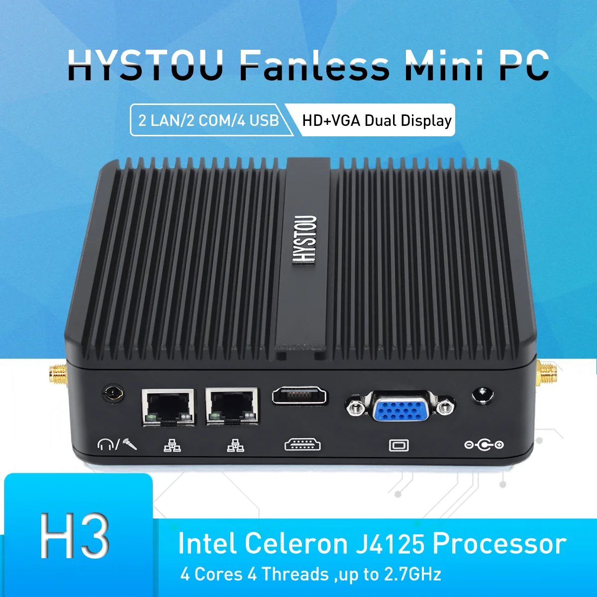 HYSTOU Fanless Soft Router Intel Celeron J4125 Mini PC Quad Core HDMI VGA SPK 2*RJ45 Gigabit Lan Windows11 pfSense Firewall