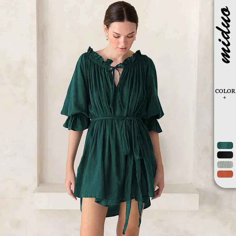 

Hot Selling New Plain Color Fashionable Women's Casual Loose Fitting One Line Neck Tie Up Sexy Ruffle Edge Dress Short Dress