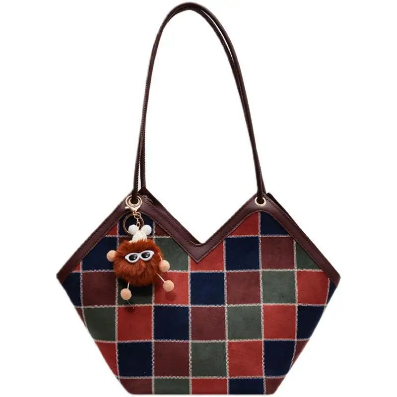 High Capacity Pack 2023 New Fashion Checker Shopping Versatile Shoulder Bag Autumn/Winter Vintage Frosted Underarm Tote Bag