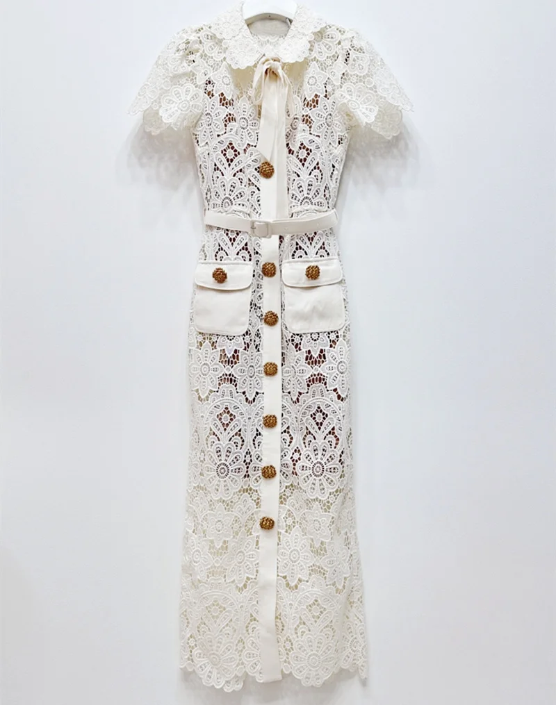 

2023 New Arrive Floral Hollow Out Women Lace Midi Dress Single Breasted Metal Buttons Peter Pan Collar Lace-Up Lady Party Dress