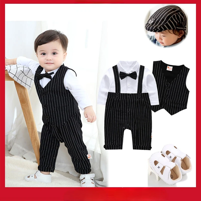Newborn Photography Romper for Baby Boy Outfit Gentleman Onesies with Vest Stripe Jumpsuit Infant Birthday Wedding Formal Clothe
