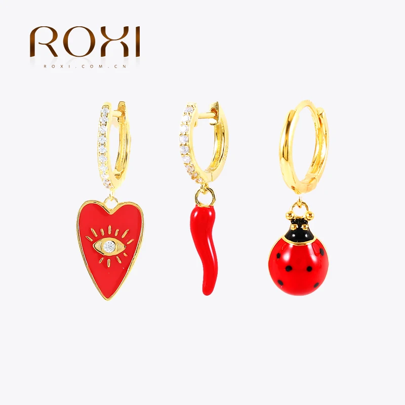 ROXI Multible Red Series Enamel Geometry Hoop Earrings For Women 925 Sterling Silver Earrings Jewelry Pendiente Plata 925 Gifts